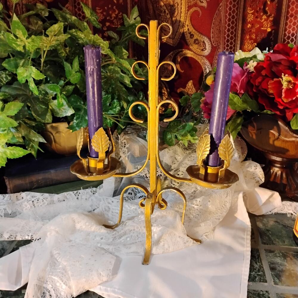 Gold Leaf Vintage Double Candelabra European Gothic Ornate Scroll Candle Holder